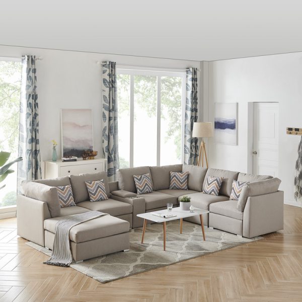 Lucy 131.5"W Beige Fabric Reversible Modular Sectional Sofa with USB Console and Ottoman