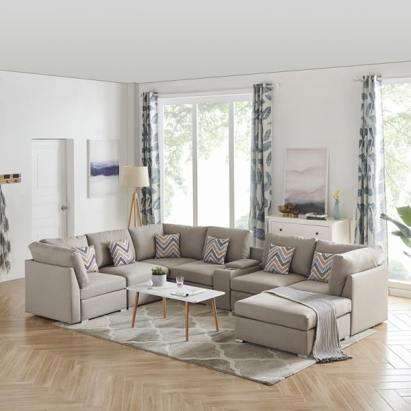Lucy 131.5"W Beige Fabric Reversible Modular Sectional Sofa with USB Console and Ottoman - Image 3
