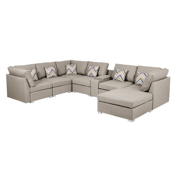 Lucy 131.5"W Beige Fabric Reversible Modular Sectional Sofa with USB Console and Ottoman - Image 4