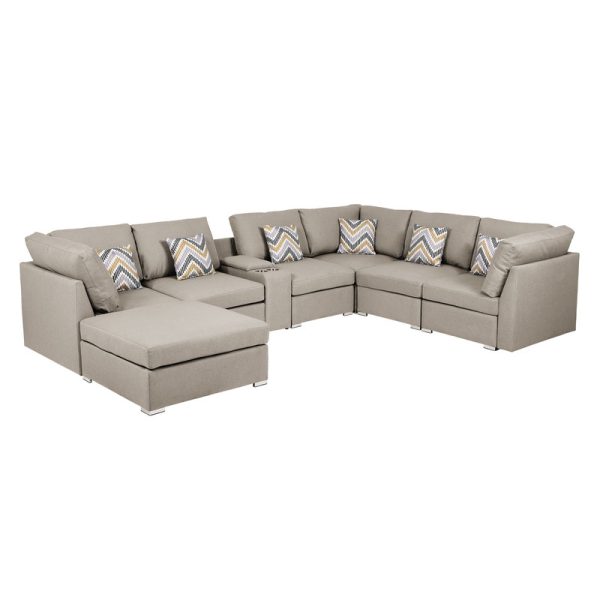 Lucy 131.5"W Beige Fabric Reversible Modular Sectional Sofa with USB Console and Ottoman - Image 5