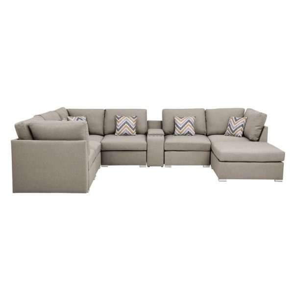 Lucy 131.5"W Beige Fabric Reversible Modular Sectional Sofa with USB Console and Ottoman - Image 6