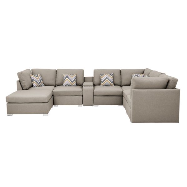 Lucy 131.5"W Beige Fabric Reversible Modular Sectional Sofa with USB Console and Ottoman - Image 2