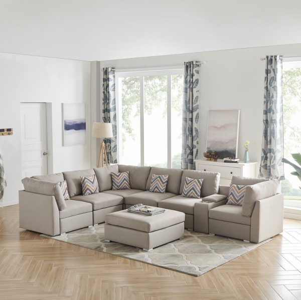 Lucy 131.5"W Beige Fabric Reversible Modular Sectional Sofa with USB Console and Ottoman