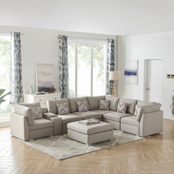 Lucy 131.5"W Beige Fabric Reversible Modular Sectional Sofa with USB Console and Ottoman - Image 3