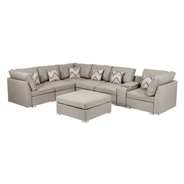 Lucy 131.5"W Beige Fabric Reversible Modular Sectional Sofa with USB Console and Ottoman - Image 4