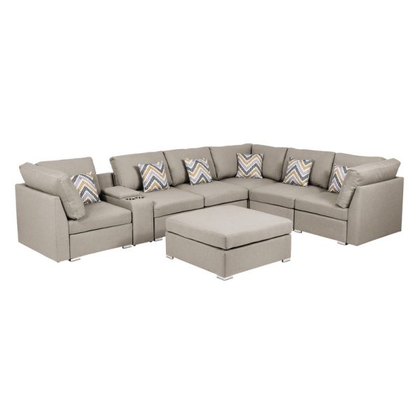 Lucy 131.5"W Beige Fabric Reversible Modular Sectional Sofa with USB Console and Ottoman - Image 5
