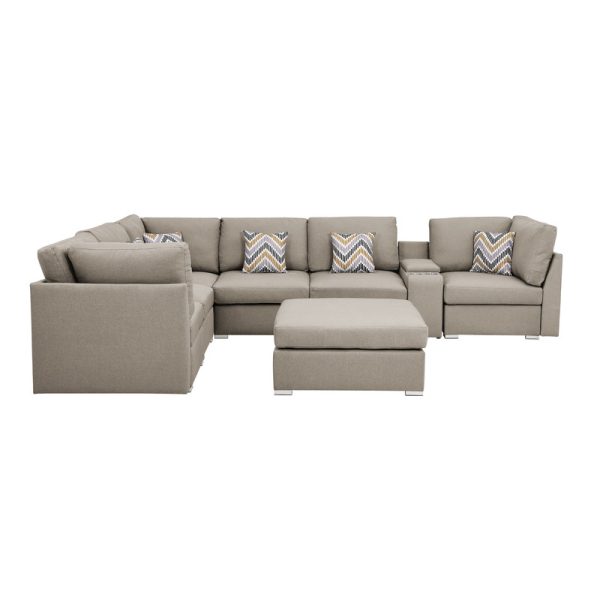 Lucy 131.5"W Beige Fabric Reversible Modular Sectional Sofa with USB Console and Ottoman - Image 6