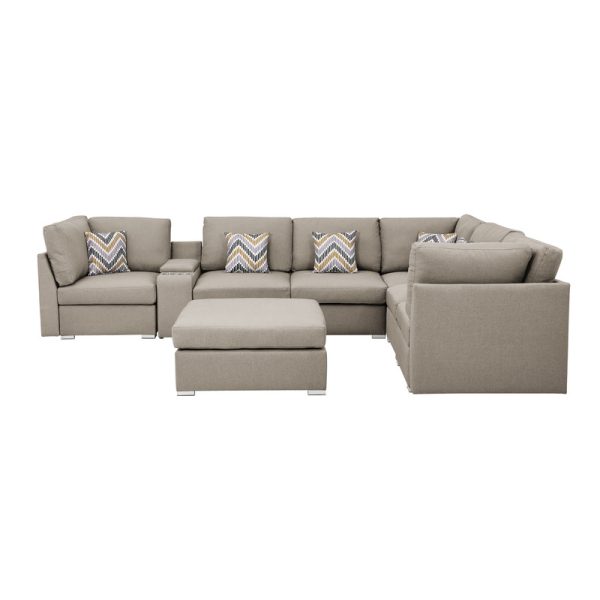 Lucy 131.5"W Beige Fabric Reversible Modular Sectional Sofa with USB Console and Ottoman - Image 2