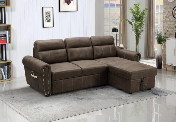 Hugo 96"W Brown Reversible Sleeper Sectional Sofa Chaise with USB Charger