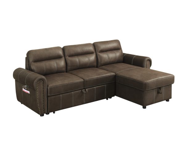 Hugo 96"W Brown Reversible Sleeper Sectional Sofa Chaise with USB Charger - Image 6