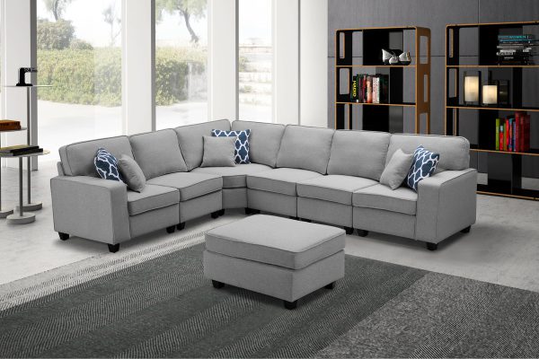 Casanova 124"W Light Gray Linen 7Pc Modular L-Shape Sectional Sofa with Ottoman