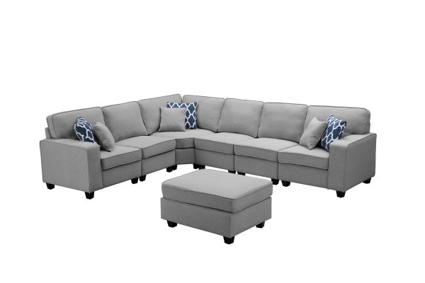 Casanova 124"W Light Gray Linen 7Pc Modular L-Shape Sectional Sofa with Ottoman - Image 2