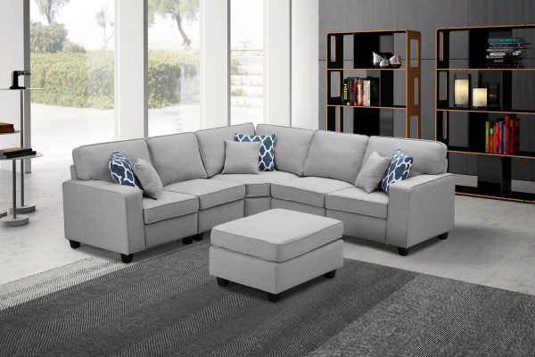 Sonoma 98"W Light Gray Linen 6Pc Modular L-Shape Sectional Sofa with Ottoman