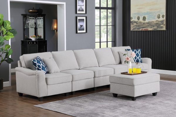 Leo 145"W Light Gray Linen 6 Seater Sofa and Ottoman