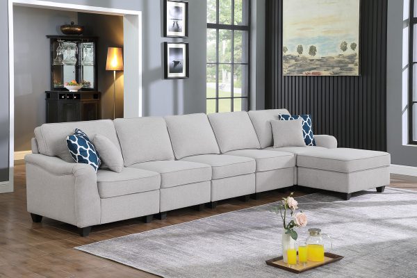 Leo 145"W Light Gray Linen 6 Seater Sofa and Ottoman - Image 6