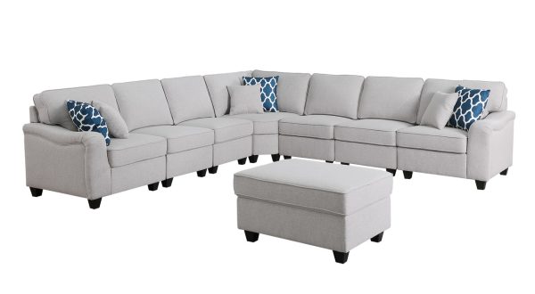 Leo 125"W Light Gray Linen 8Pc Modular L-Shape Sectional Sofa and Ottoman - Image 9