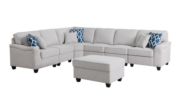 Leo 125"W Light Gray Linen 7Pc Modular L-Shape Sectional Sofa and Ottoman - Image 7