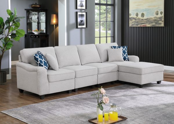 Leo 119"W Light Gray Linen 5 Seater Sofa and Ottoman