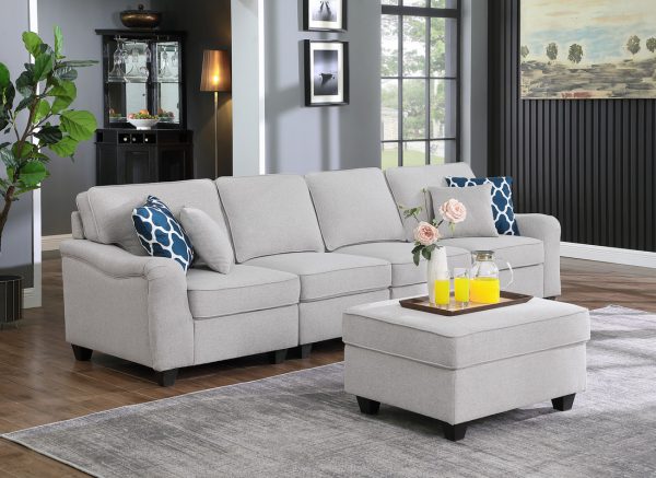 Leo 119"W Light Gray Linen 5 Seater Sofa and Ottoman