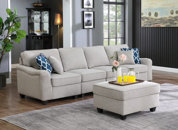 Leo 119"W Light Gray Linen 5 Seater Sofa and Ottoman - Image 10