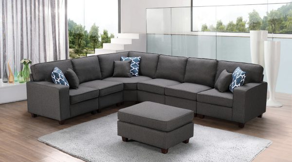 Casanova 124"W Dark Gray Linen 7Pc Modular Sectional Sofa and Ottoman