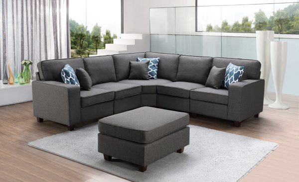 Sonoma 98"W Dark Gray Linen 6Pc Modular Sectional Sofa and Ottoman