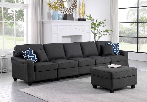 Leo 145"W Dark Gray Linen 6 Seater Sofa and Ottoman