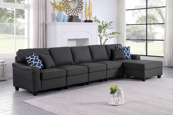 Leo 145"W Dark Gray Linen 6 Seater Sofa and Ottoman - Image 5