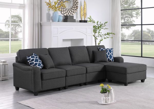 Leo 119"W Dark Gray Linen 5 Seater Sofa and Ottoman