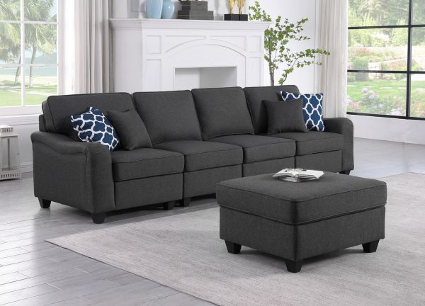Leo 119"W Dark Gray Linen 5 Seater Sofa and Ottoman - Image 10
