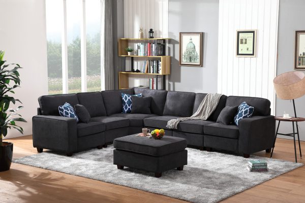 Jocelyn 124"W Dark Gray Woven 7Pc Modular L-Shape Sectional Sofa with Ottoman