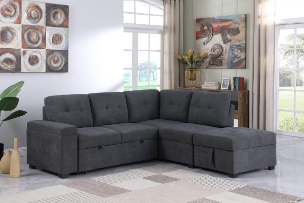 Sadie 87.75"W Dark Gray Woven Fabric Sleeper Sectional Sofa with Storage Ottoman, Storage Arm