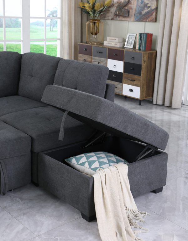 Sadie 87.75"W Dark Gray Woven Fabric Sleeper Sectional Sofa with Storage Ottoman, Storage Arm - Image 11