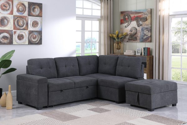 Sadie 87.75"W Dark Gray Woven Fabric Sleeper Sectional Sofa with Storage Ottoman, Storage Arm - Image 9