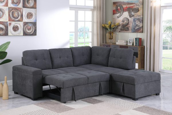 Sadie 87.75"W Dark Gray Woven Fabric Sleeper Sectional Sofa with Storage Ottoman, Storage Arm - Image 7