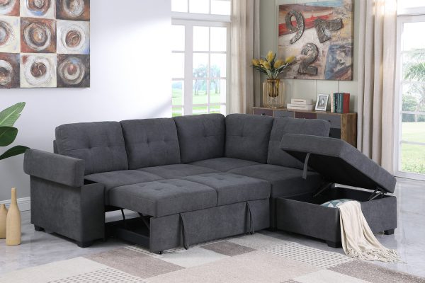 Sadie 87.75"W Dark Gray Woven Fabric Sleeper Sectional Sofa with Storage Ottoman, Storage Arm - Image 6