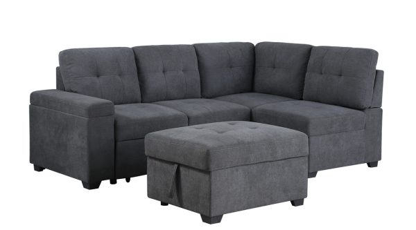 Sadie 87.75"W Dark Gray Woven Fabric Sleeper Sectional Sofa with Storage Ottoman, Storage Arm - Image 4