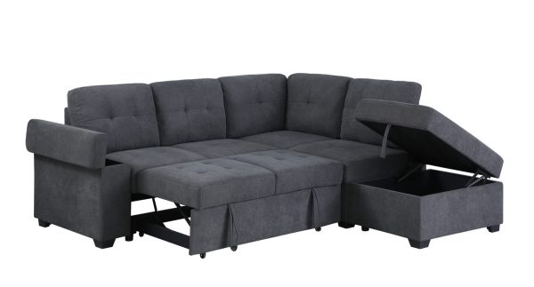 Sadie 87.75"W Dark Gray Woven Fabric Sleeper Sectional Sofa with Storage Ottoman, Storage Arm - Image 3