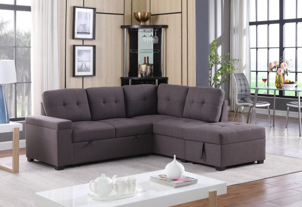 Katie 87.75"W Brown Linen Sleeper Sectional Sofa with Storage Ottoman, Storage Arm