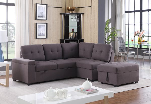 Katie 87.75"W Brown Linen Sleeper Sectional Sofa with Storage Ottoman, Storage Arm - Image 6