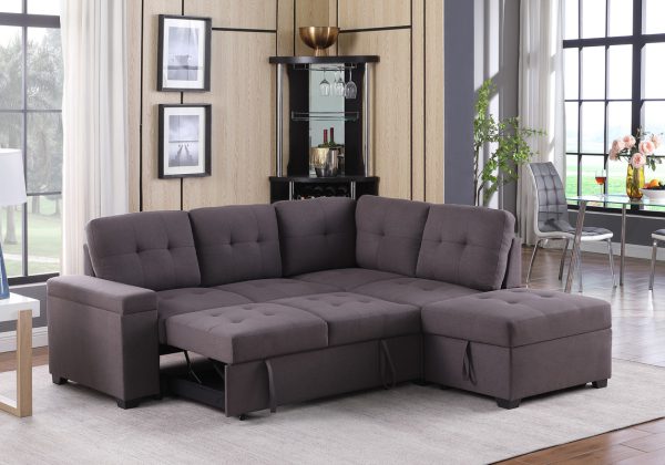 Katie 87.75"W Brown Linen Sleeper Sectional Sofa with Storage Ottoman, Storage Arm - Image 5