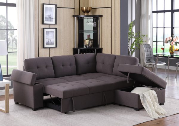 Katie 87.75"W Brown Linen Sleeper Sectional Sofa with Storage Ottoman, Storage Arm - Image 4
