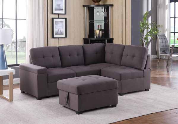 Katie 87.75"W Brown Linen Sleeper Sectional Sofa with Storage Ottoman, Storage Arm - Image 3