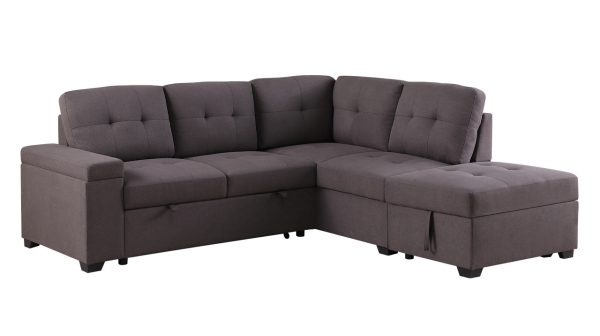 Katie 87.75"W Brown Linen Sleeper Sectional Sofa with Storage Ottoman, Storage Arm - Image 2