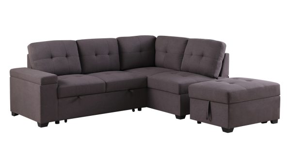 Katie 87.75"W Brown Linen Sleeper Sectional Sofa with Storage Ottoman, Storage Arm - Image 10