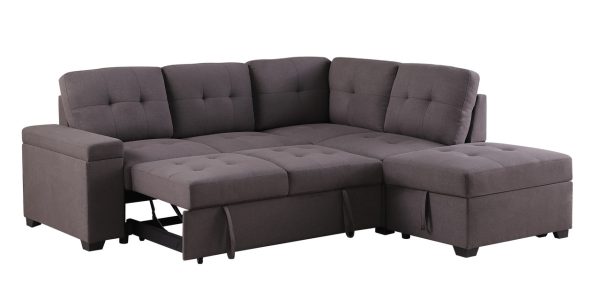Katie 87.75"W Brown Linen Sleeper Sectional Sofa with Storage Ottoman, Storage Arm - Image 9