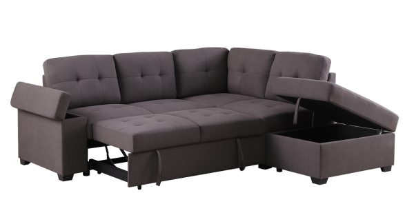 Katie 87.75"W Brown Linen Sleeper Sectional Sofa with Storage Ottoman, Storage Arm - Image 8