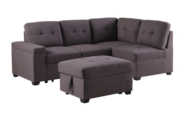 Katie 87.75"W Brown Linen Sleeper Sectional Sofa with Storage Ottoman, Storage Arm - Image 7