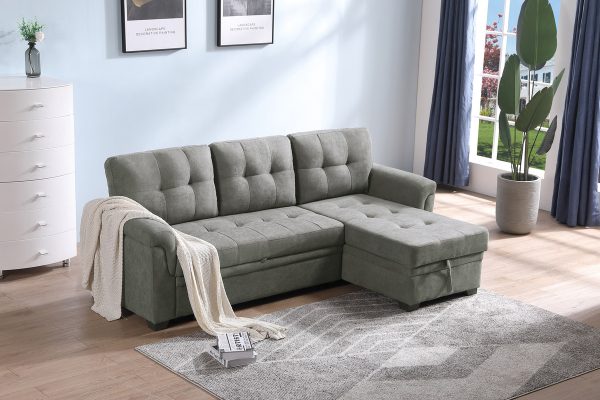 Lucca 84"W Light Gray Fabric Reversible Sectional Sleeper Sofa Chaise with Storage - Image 6