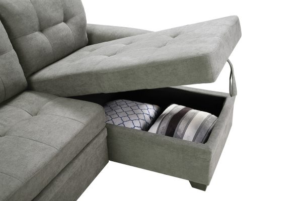 Lucca 84"W Light Gray Fabric Reversible Sectional Sleeper Sofa Chaise with Storage - Image 4